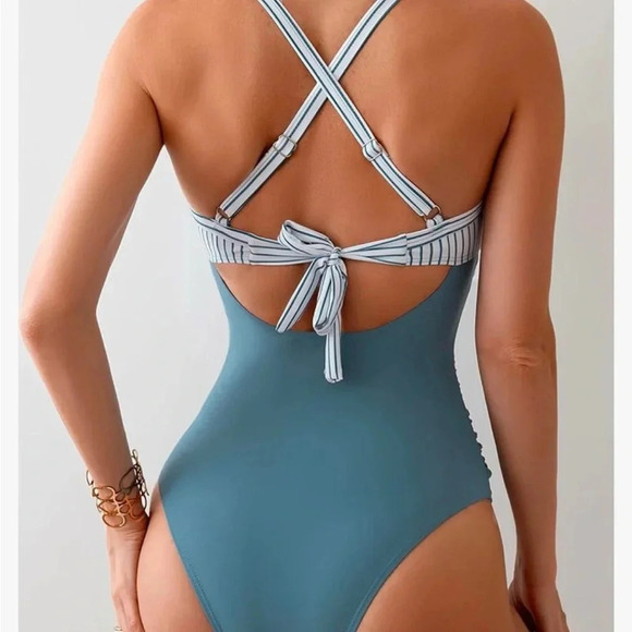 MakeMeChic Women's One Piece Swimsuits Colorblock Striped Cutout Tie Back - Picture 2 of 2